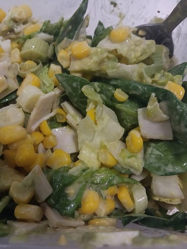 Healthy salad with spring onions, sweetcorn, avocado, baby spinach and little gem lettuce