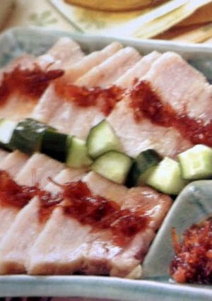 A picture of pork belly with xo sauce.