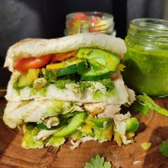 A picture of CHICKEN CHUTNEY SANDWICH with mango salsa.
