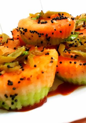 A picture of Tricolor Suji Dhokla muffins.