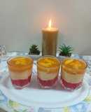 Custard strawberry jelly with peach sauce
