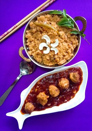 A picture of Schezwan upma with veg bonda Manchurian.