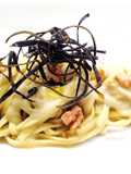 Tagliolini with Eggplant Cream, Fried Eggplant Skin, and Walnuts