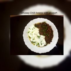 Smokey chilli beans on yoghurt A picture of Smokey chilli beans on yoghurt.