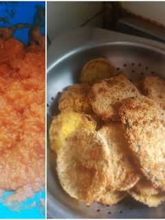 Una foto de Milanesas de berenjena y puré de zapallo