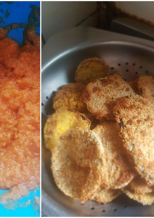 Una foto de Milanesas de berenjena y puré de zapallo
