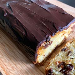 A picture of Rum Raisin (Sultana) Pound Cake with Chocolate Ganache.