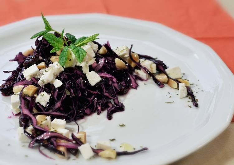 Red cabbage salad with almonds, feta and dried cherries