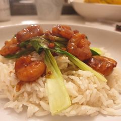 A picture of Teriyaki prawns with pak choi jasmine rice.