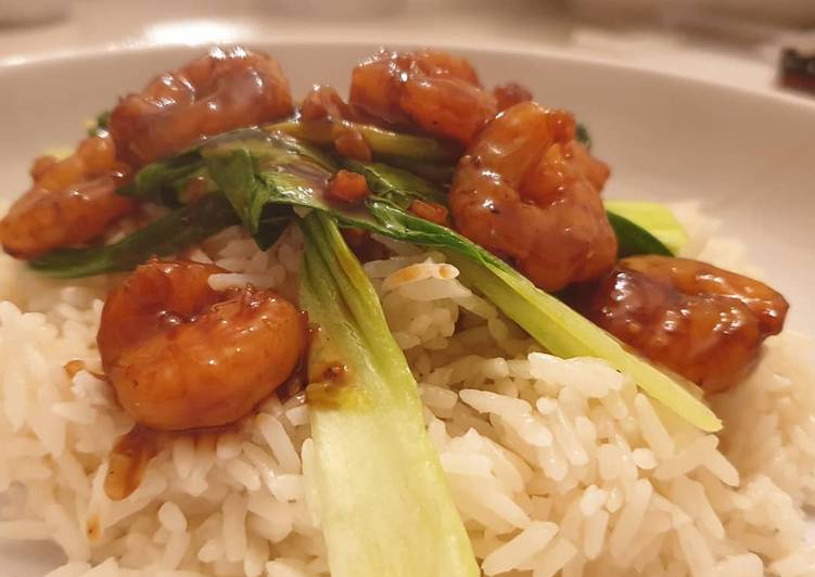 Teriyaki prawns with pak choi jasmine rice