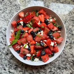 A picture of *Easy* Watermelon strawberry blueberry feta and mint salad.