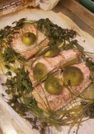 A picture of Parchment Pouch Cilantro Lime Salmon.