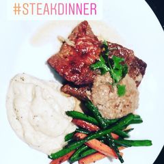 A picture of Steak cauliflower mash and tossed veggies and balsamic mushroom sauce.