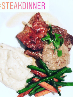 A picture of Steak cauliflower mash and tossed veggies and balsamic mushroom sauce.