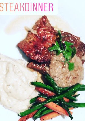 A picture of Steak cauliflower mash and tossed veggies and balsamic mushroom sauce.