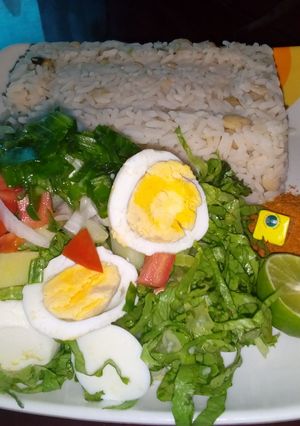 A picture of Rice and beans with salad.