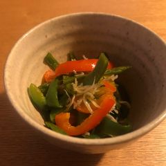 A picture of Stir fried green pepper and jako（dried young sardines）.