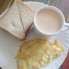A picture of Cinnamon tea milk, slice of bread and eggs.