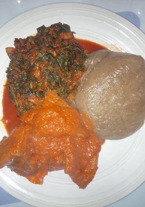 A picture of Amala with stewed vegetable.