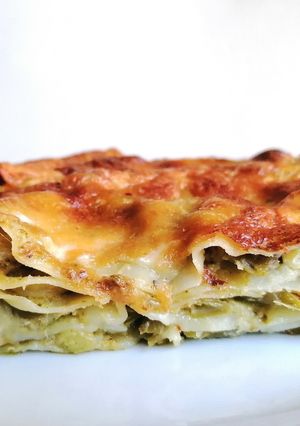A picture of Pesto Lasagna with Potatoes and Green Beans.