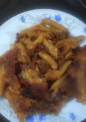 عکسی از دستور ماکارونی با ته دیگ نان بربری⁦🍝🥖⁩