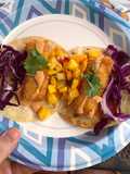 Fish Tacos (beer battered cod w/ mango salsa, chipotle mayo, red cabbage, cilantro)