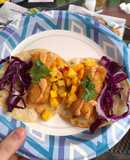 Fish Tacos (beer battered cod w/ mango salsa, chipotle mayo, red cabbage, cilantro)
