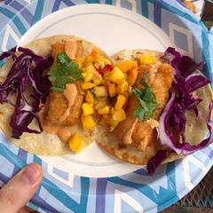 A picture of Fish Tacos (beer battered cod w/ mango salsa, chipotle mayo, red cabbage, cilantro).
