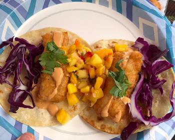 Easy Prepare Recipe Fish Tacos beer battered cod w mango salsa chipotle mayo red cabbage cilantro Delicious Steady