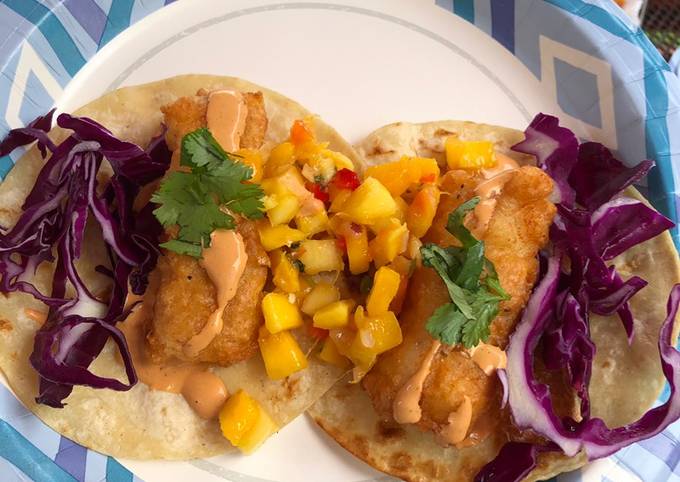 Steps to Make Any-night-of-the-week Fish Tacos (beer battered cod w/ mango salsa, chipotle mayo, red cabbage, cilantro)