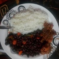 A picture of Black beans stew, beef fry with rice #authormarathon.