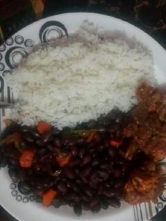 A picture of Black beans stew, beef fry with rice #authormarathon.
