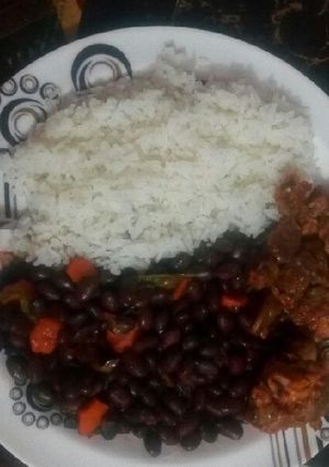 A picture of Black beans stew, beef fry with rice #authormarathon.