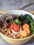 Udon with honey and soy beef with miso broth