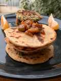 Gajar Chunda oats beans aloo tikki fig chutney sandwich in Indian bread