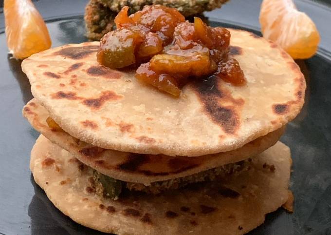 Gajar Chunda oats beans aloo tikki fig chutney sandwich in Indian bread