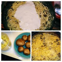 A picture of Spaghetti Alfredo w Baby Bellas w sauteed garlic & onions.