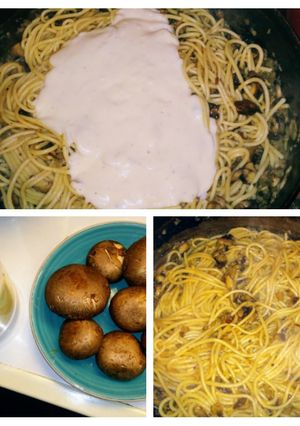 A picture of Spaghetti Alfredo w Baby Bellas w sauteed garlic & onions.