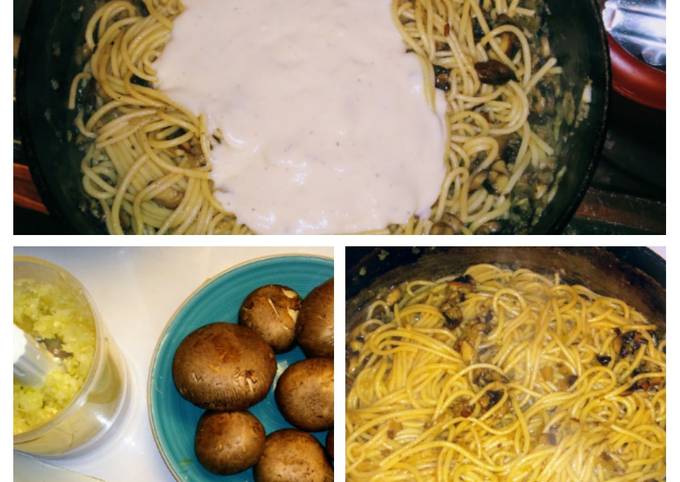 Spaghetti Alfredo w Baby Bellas w sauteed garlic &amp; onions