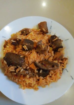 A picture of Offals jellof rice.