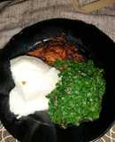 Sauté kales, spicy wet fried matumbo and ugali
