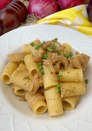 A picture of Cold Pasta with Beer-Braised Eggplant and Sweet & Sour Red Onion.