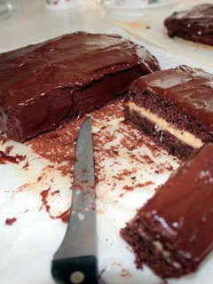 A picture of super moist chocolate cake.