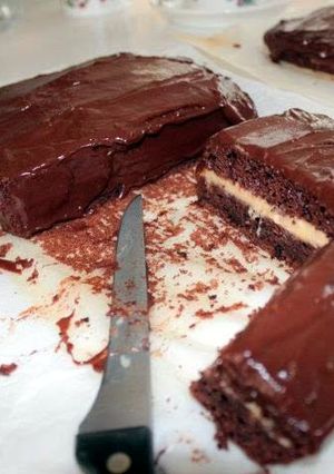 A picture of super moist chocolate cake.