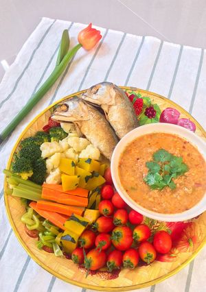 A picture of Spicy Mackerel Dip with Fried Mackerel and Steamed Vegetables.