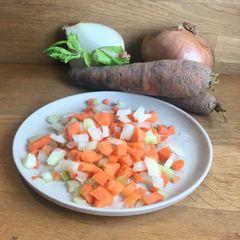 A picture of Soffritto and Mirepoix - a veg trio of umami flavour for plant-based dishes 🌱.