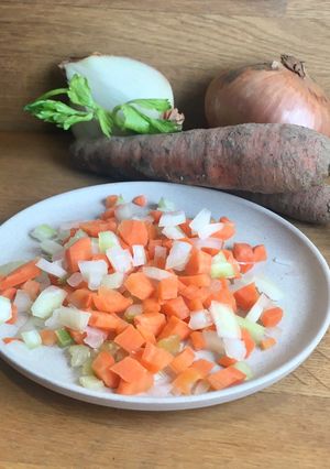 A picture of Soffritto and Mirepoix - a veg trio of umami flavour for plant-based dishes 🌱.