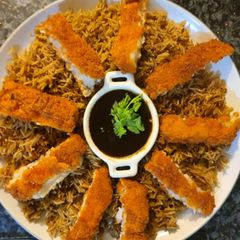 A picture of Japanese fried fish with microwave rice.