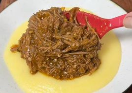 Carne de vaca desfiada estufada com puré