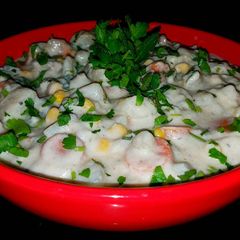 A picture of Mike's Creamy Stacked Seafood Chowder.